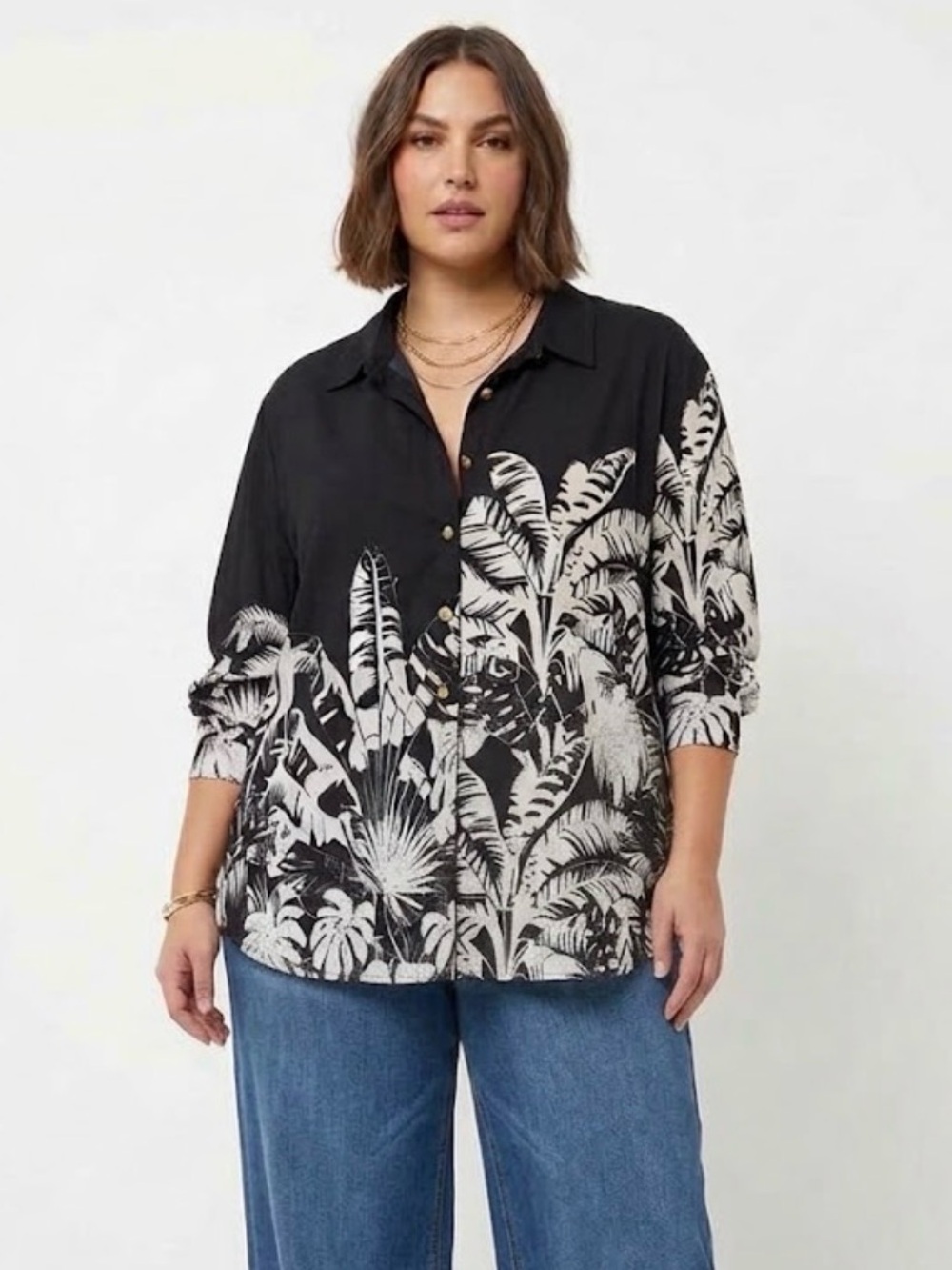 Rose + Olive Black White Botanical Chiffon Blouse 3X